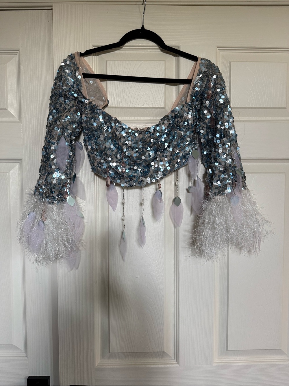 Sequin Feathered Crop Top in Iridescent Silver-Blue